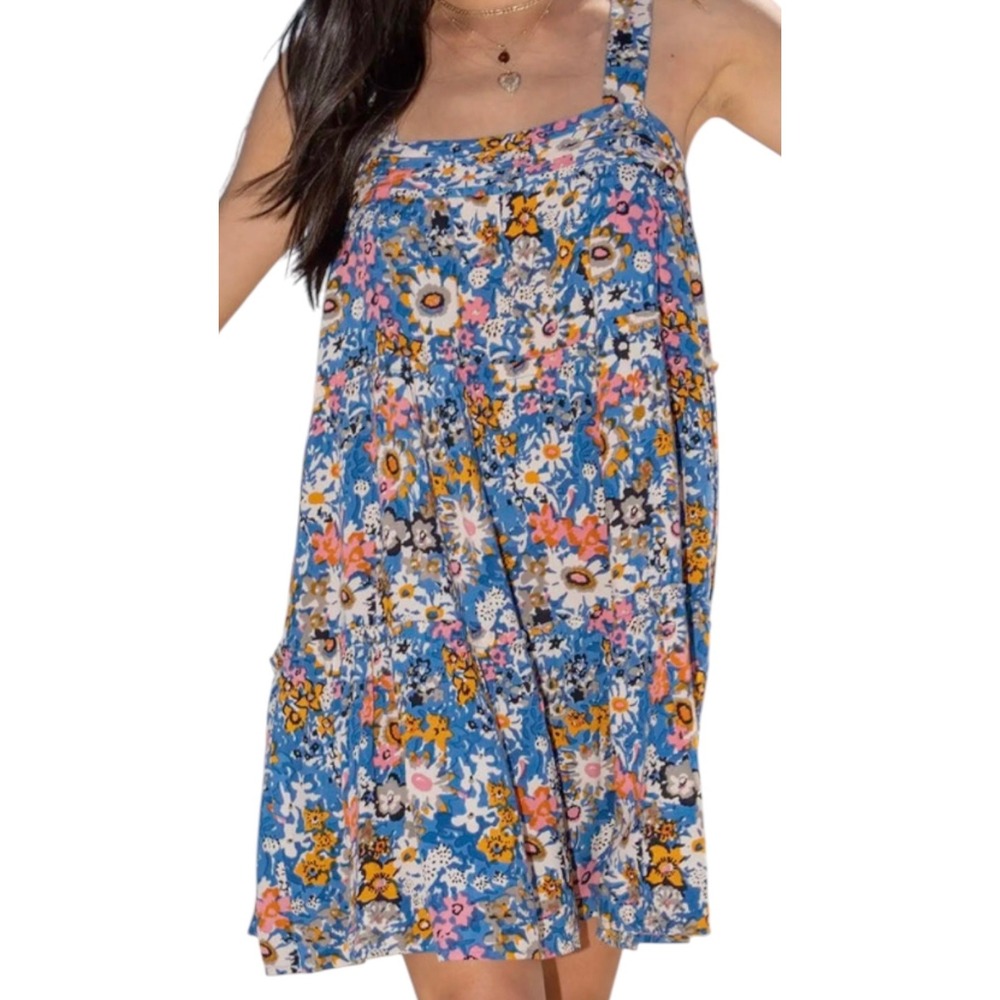 NATURAL LIFE Blue Floral Tiered Babydoll Mini Dress Size Small